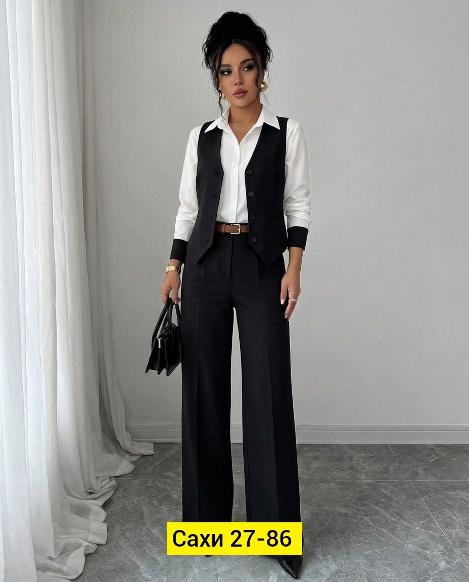 брючный костюм,женский костюм тройка,костюм брючной деловой,костюм женский,костюм брючный чёрный с жилетом от бренда avili