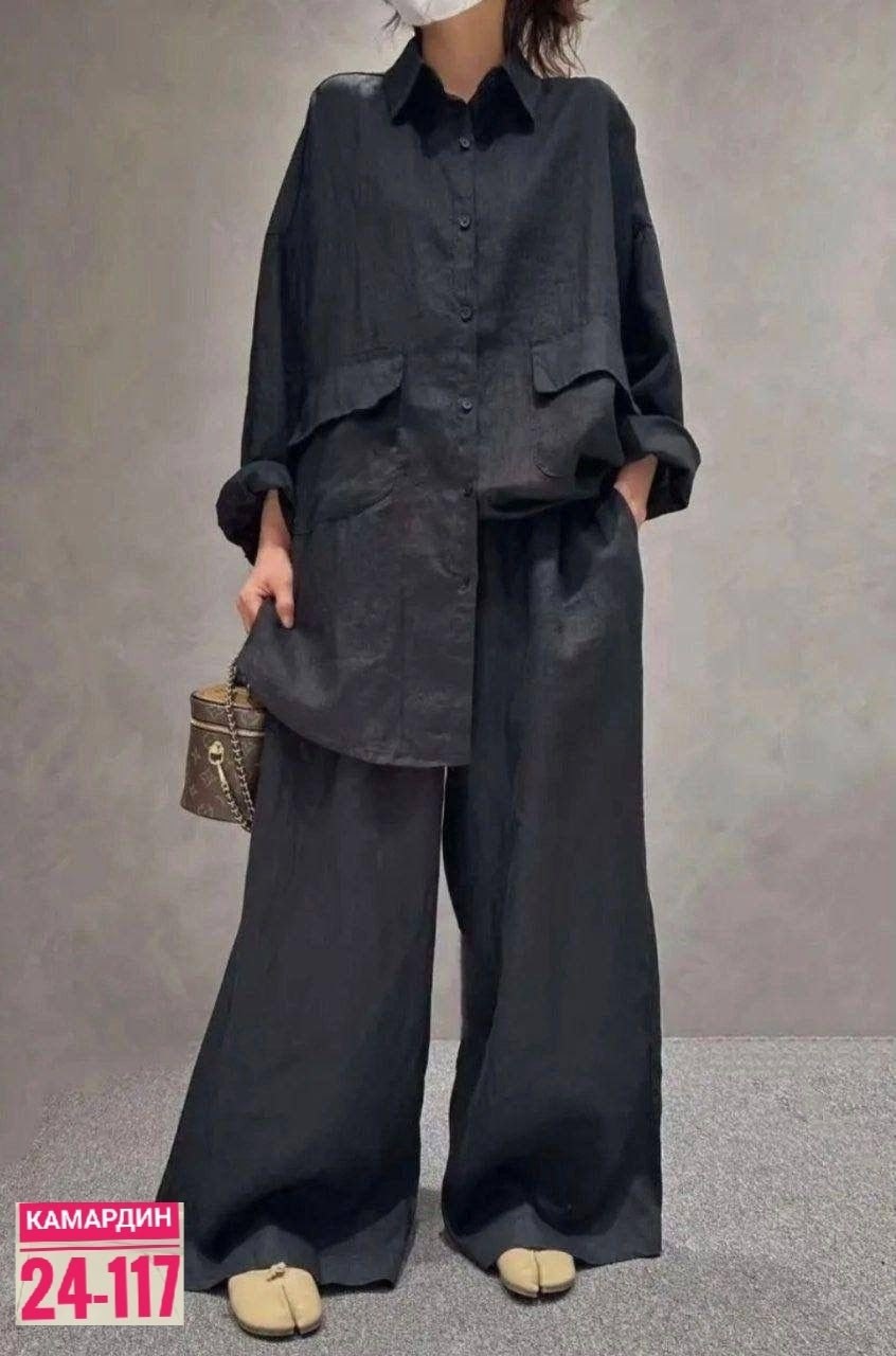 брючный костюм из льна,льняной костюм женский,костюм льняной,костюм женский модный льняной,костюм брючный льняной женский широкие брюки и рубашка moda-mo