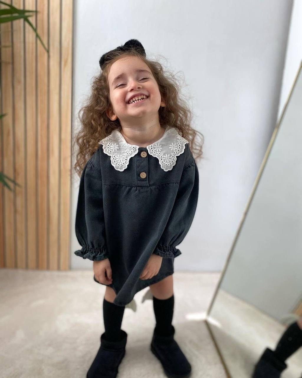 джинсовое платье с ажурным воротником child&kids,джинсовое платье на девочку,джинсовое платье зара детское,платье для девочки,школьное платье