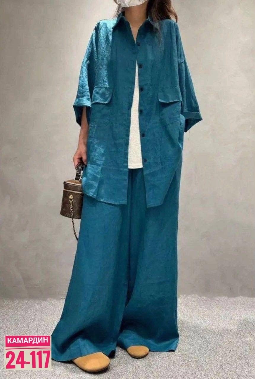 брючный костюм из льна,льняной костюм женский,костюм льняной,костюм женский модный льняной,костюм брючный льняной женский широкие брюки и рубашка moda-mo