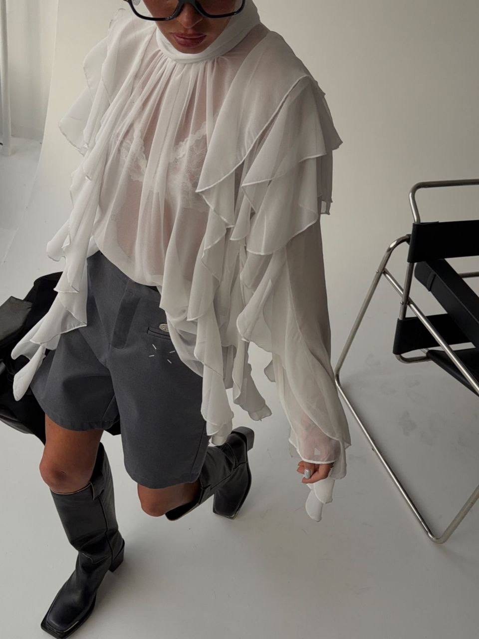 шифоновая рубашка с рюшами,блузка с оборками,блузка с рюшами,женская прозрачная блузка с рюшами,белая шифоновая блузка с рюши