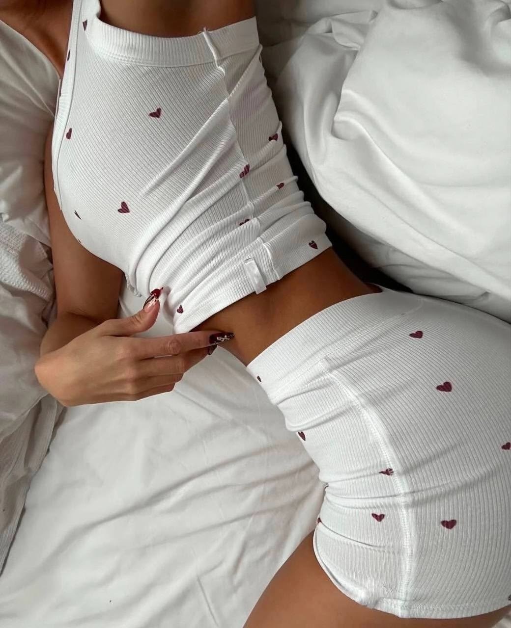 женская пижама с шортами,женская пижама,комплект домашней одежды,домашняя пижама с шортами и майкой из хлопка с сердечками rooboo,пижама женская домашняя сердце