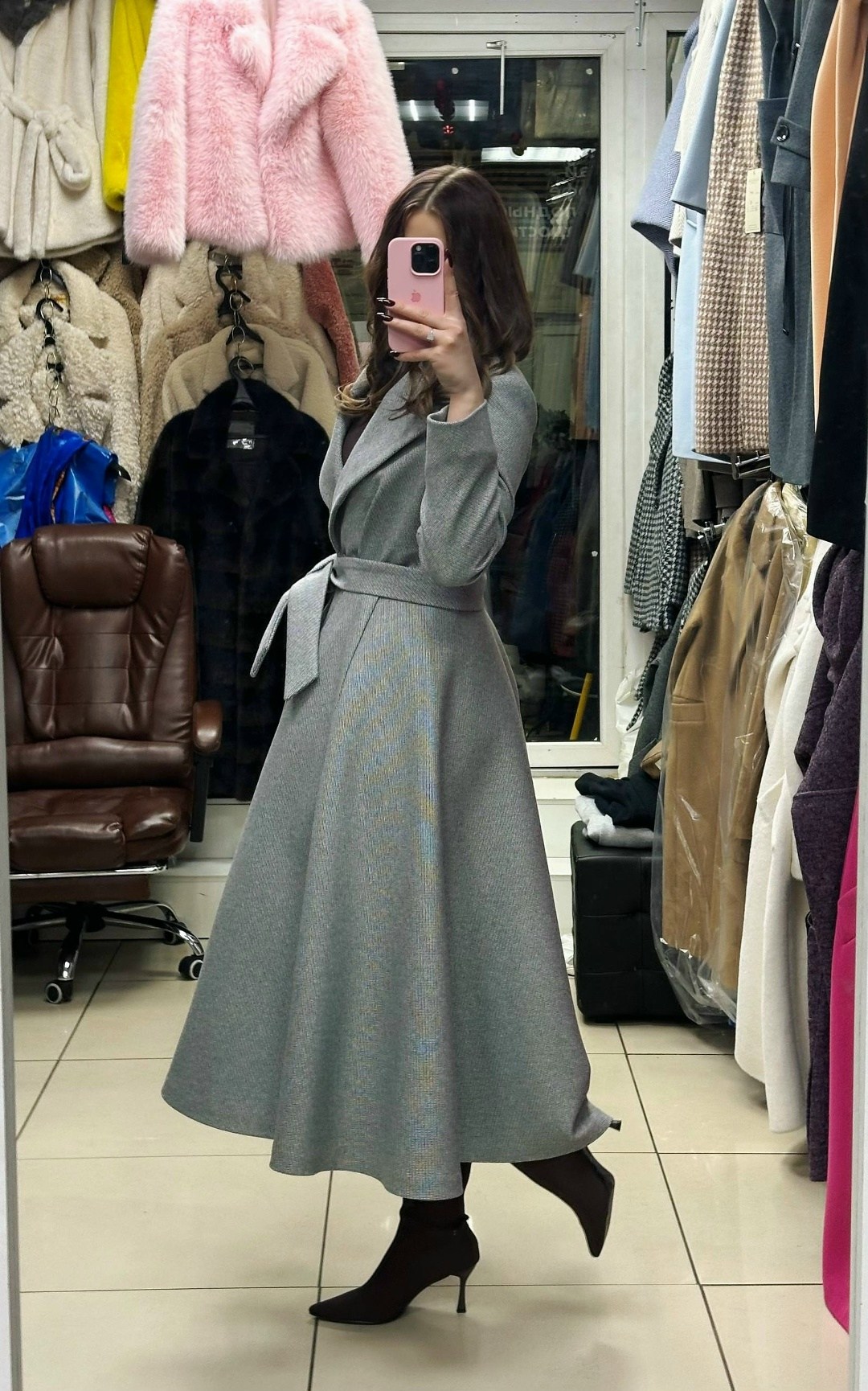 пальто с юбкой,пальто классическое,пальто-платье с капюшоном,пальто серое с юбкой полусолнце,приталенное пальто