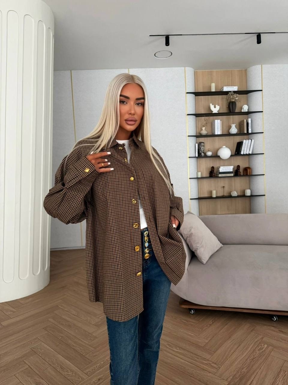 рубашка женская в клетку оверсайз,рубашка оверсайз клетка,рубашка женская в клетку,тёплая рубашка в клетку оверсайз,рубашка женская в клетку de'bora rose оверсайз размер one size коричневый