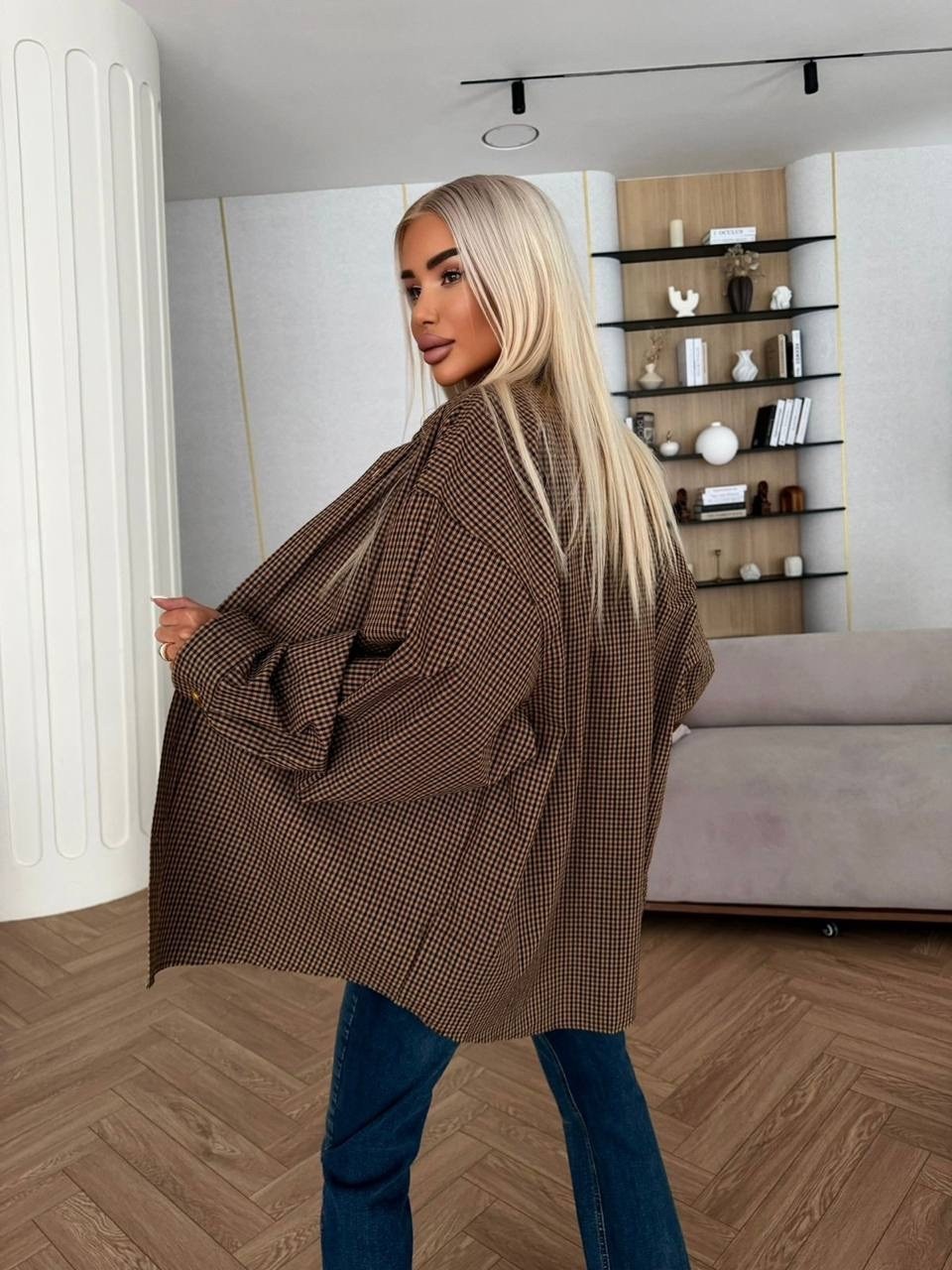 рубашка женская в клетку оверсайз,рубашка оверсайз клетка,рубашка женская в клетку,тёплая рубашка в клетку оверсайз,рубашка женская в клетку de'bora rose оверсайз размер one size коричневый