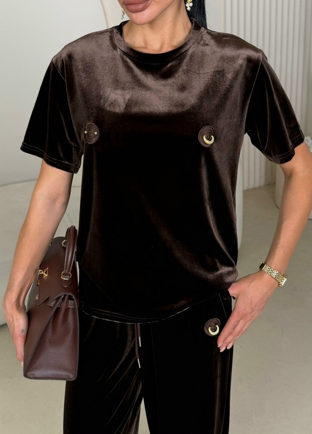 брюки мокко looklikecat 06676420,костюм велюровый,костюм женский,костюм с брюками велюр,костюм с брюками