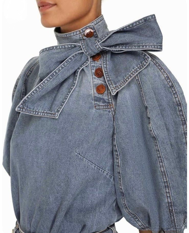 джинсовая блузка,блузка с оборками,блузка модная,женская джинсовая рубашка,блузка с бантом