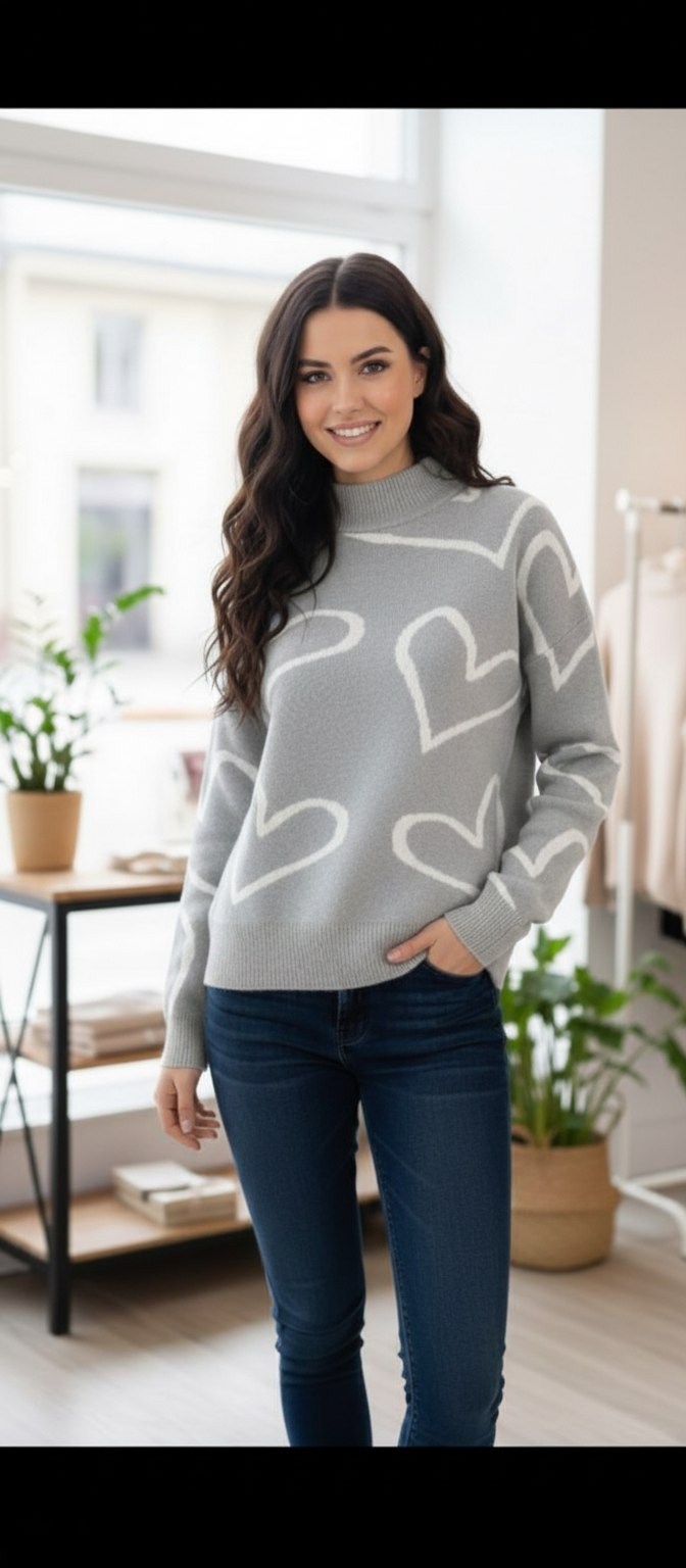 женский свитер,стильный джемпер,свитер с сердечками,джемпер с узорами,свитер