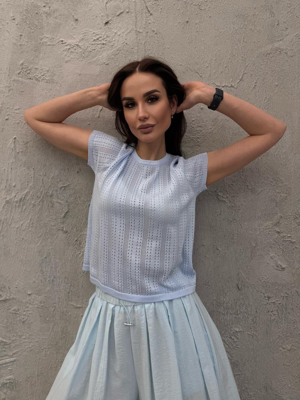 блузка вязаная,голубой джемпер,джемпер летний,кофта женская,блузка голубая