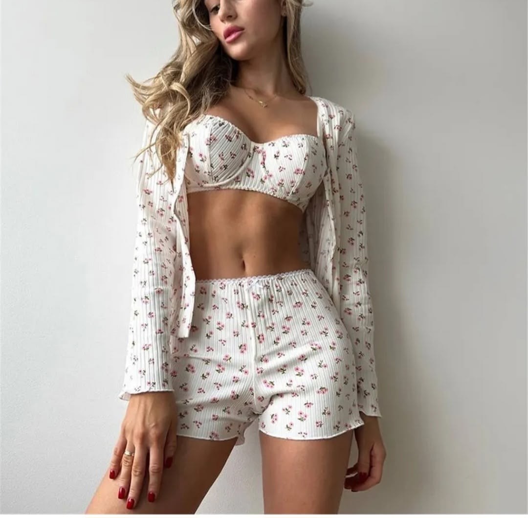 женские пижамы 3шт с цветочным принтом топ+шорты,женская пижама 3пр с цветочным принтом топ+шорты (беж/xl),пижама женская с шортам,муслиновая пижама с шортами домашняя одежда lessyok 221180683,ahagaga