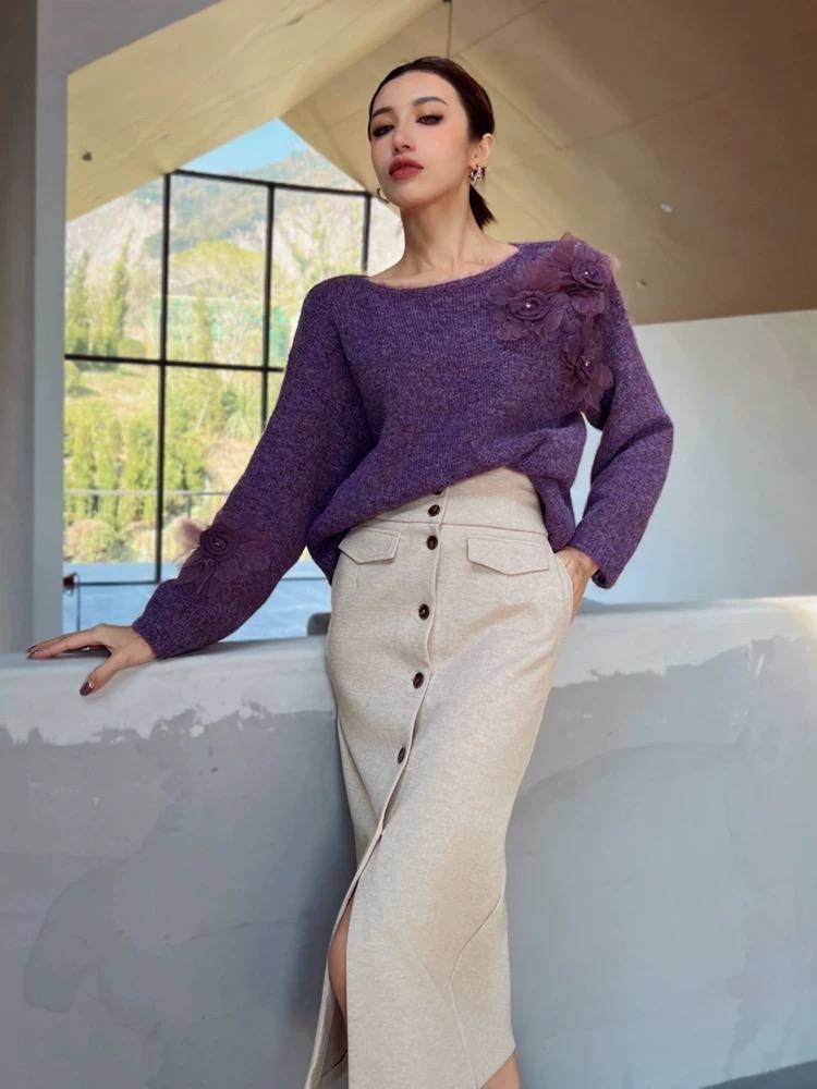 свитер паутинка "лаванда" из кид мохера на шёлке,джемпер паутинка из мохера с цветком розово-сиреневая,джемпер паутинка с воланами из кид мохера на шелке,джемпер паутинка из кид мохера в розово-сирене