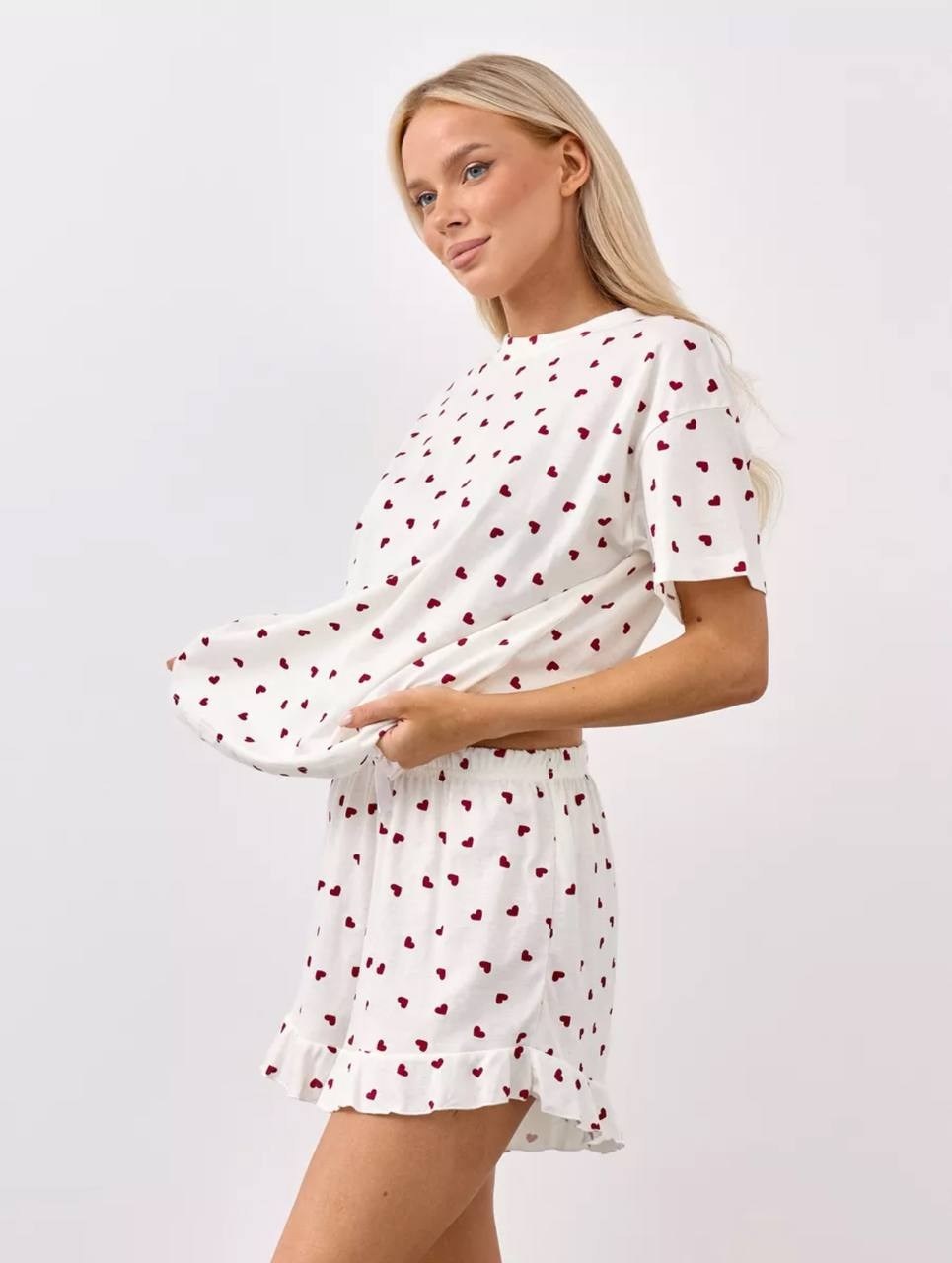 пижама с шортами хлопковая сердечки,пижама с сердечками с шортами и топом костюм летний для дома umood 218997300,пижама с шортами и футболкой с вишней муслиновая katalinof,пижама с шортами женский,мус