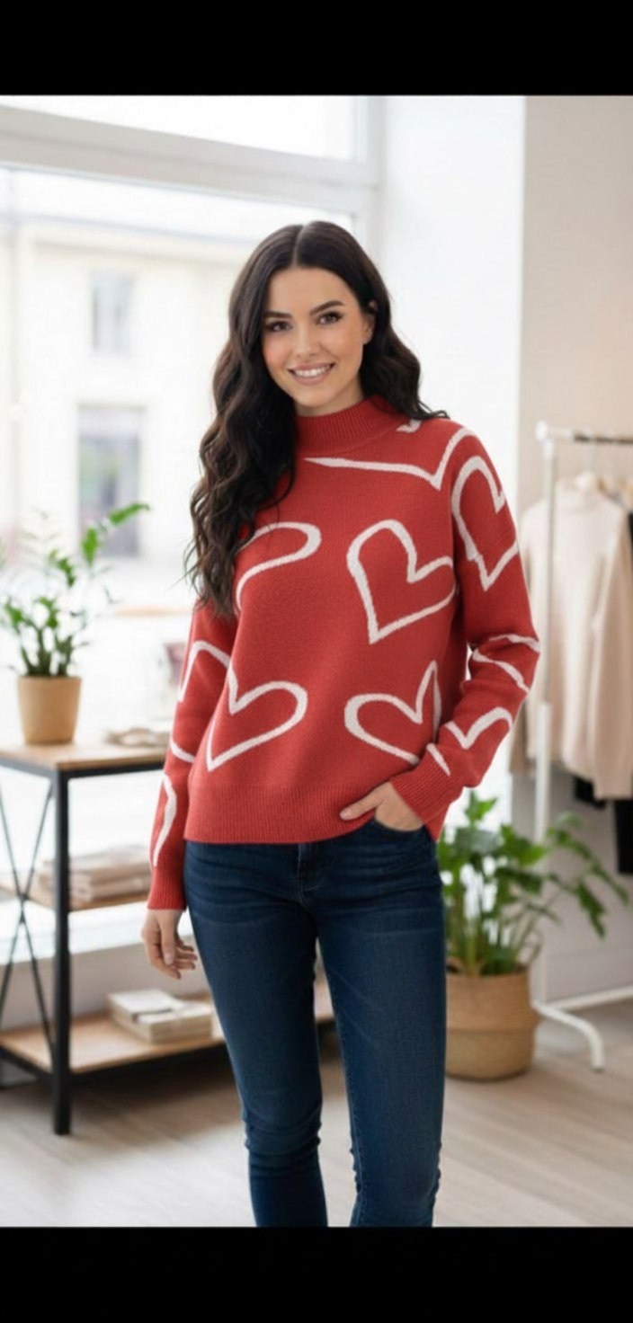 женский свитер,стильный джемпер,свитер с сердечками,джемпер с узорами,свитер
