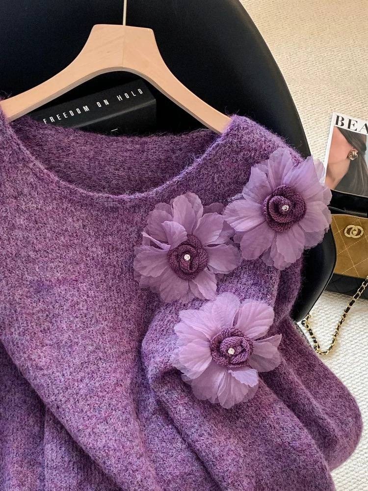 свитер паутинка "лаванда" из кид мохера на шёлке,джемпер паутинка из мохера с цветком розово-сиреневая,джемпер паутинка с воланами из кид мохера на шелке,джемпер паутинка из кид мохера в розово-сирене