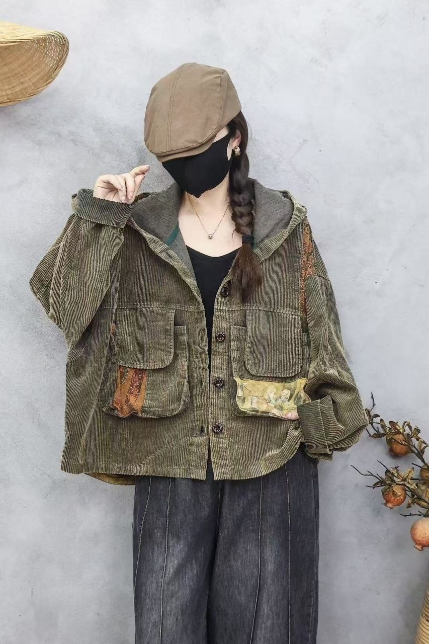 утепленная джинсовая куртка в стиле пэчворк с капюшоном mori kei,куртка фуфайка в стиле бохо вельветовая утепленная оверсайз,куртка в стиле пэчворк,утепленная джинсовая куртка в стиле пэчворк с капюшо