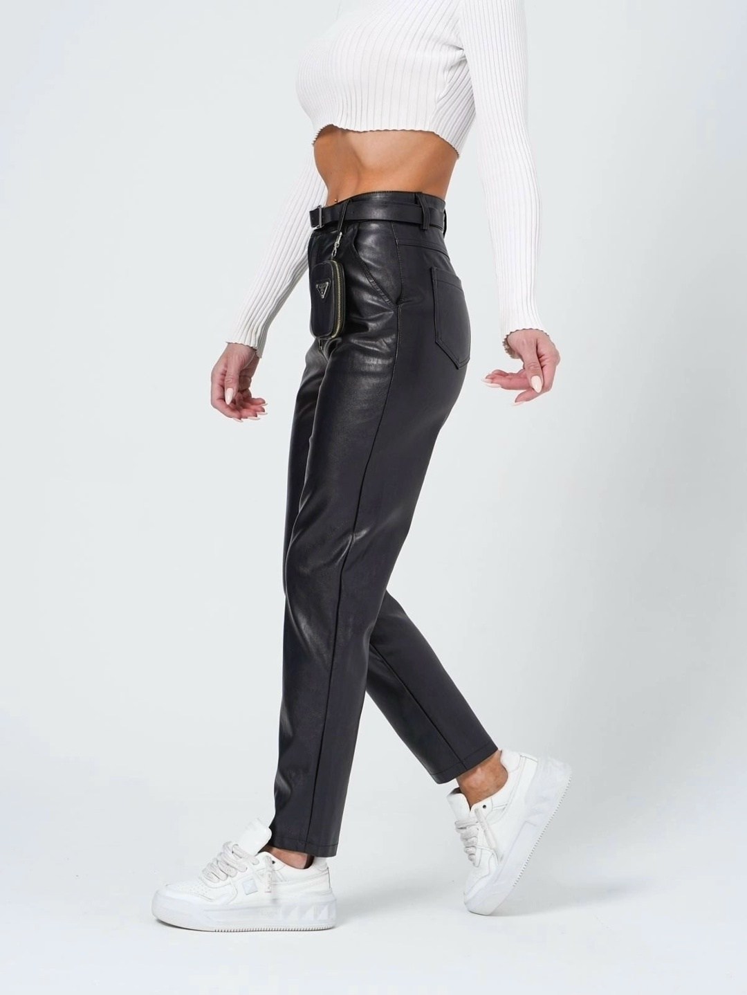 брюки кожаные прямые укороченные oiko,кожаные брюки,женские брюки из экокожи черные 2223,кожаные штаны,зауженные кожаные брюки женские