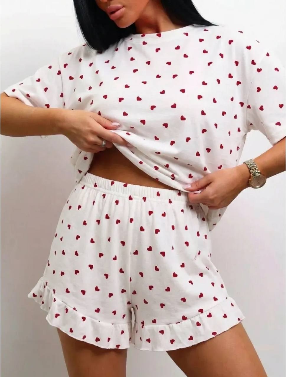 пижама с шортами хлопковая сердечки,пижама с сердечками с шортами и топом костюм летний для дома umood 218997300,пижама с шортами и футболкой с вишней муслиновая katalinof,пижама с шортами женский,мус