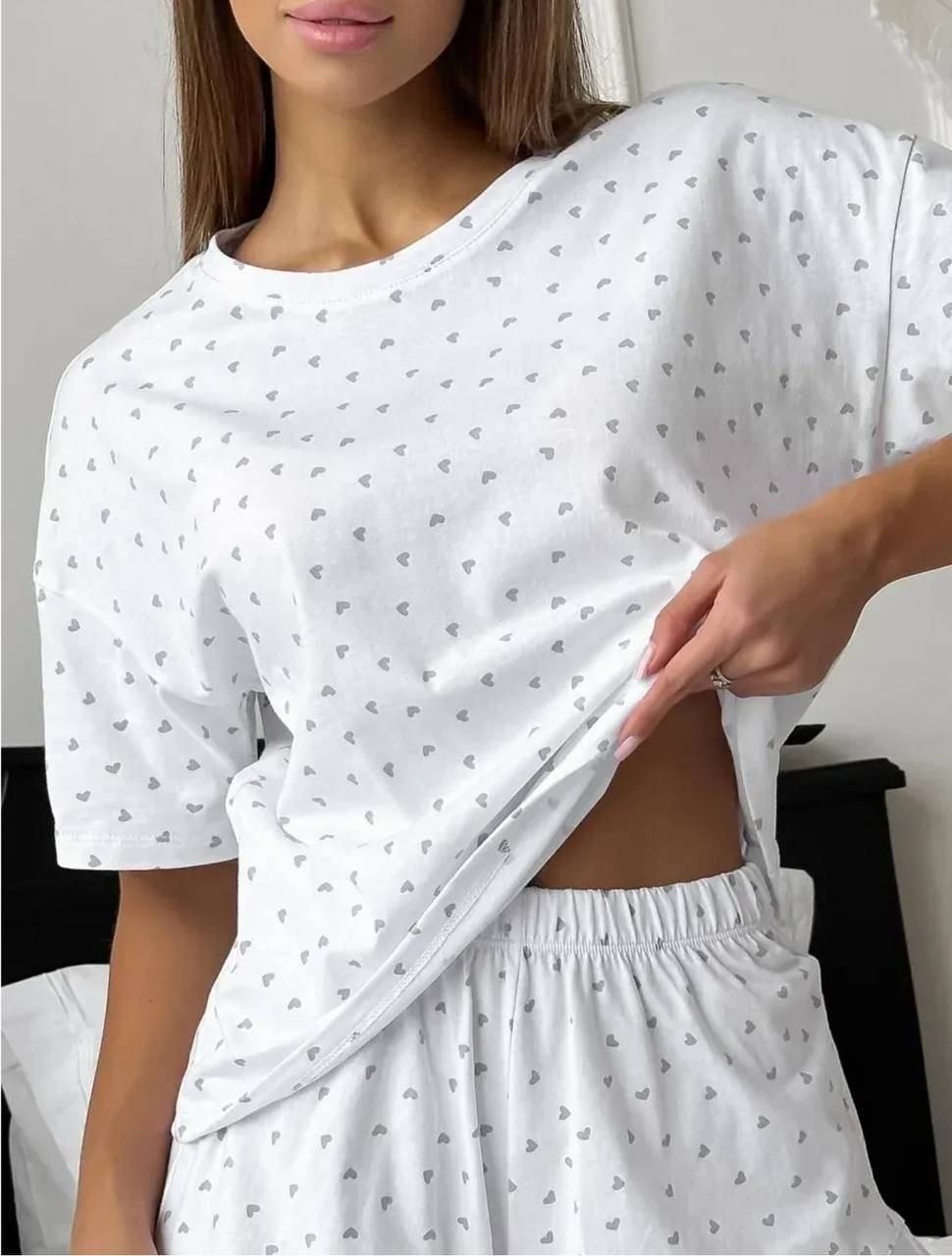 женская пижама,пижама женская с шортами,пижама женская с шортами и футболкой домашний костюм jewelin цвет белый,пижама с шортами,муслиновая пижама с шортами