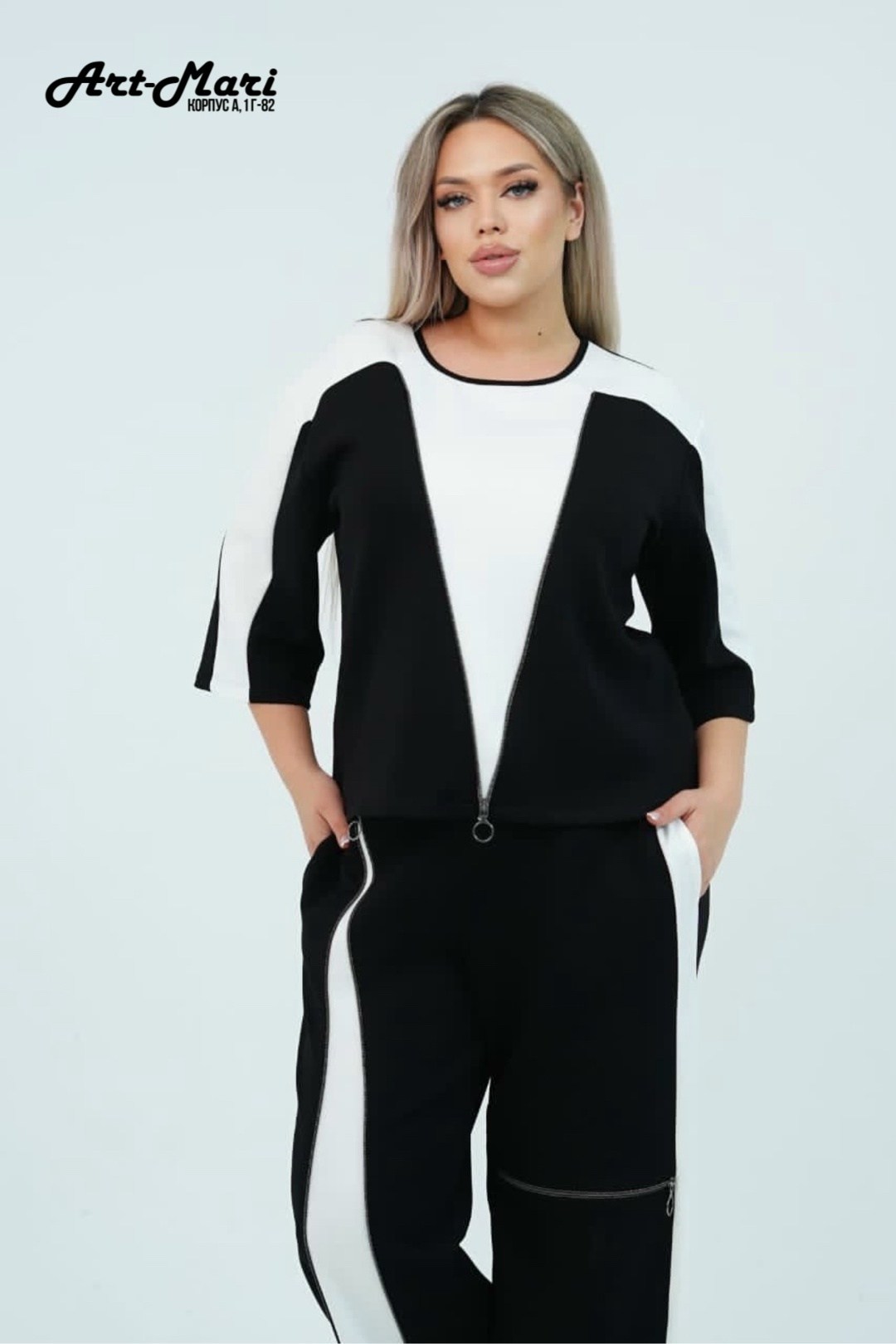 брючный костюм andina 972 черный/белый двойка,костюм женский брючный,черный брючный костюм с туникой и контрастными вставками,брючный костюм andina арт: 972 черный/белый,черный брючный костюм с тунико