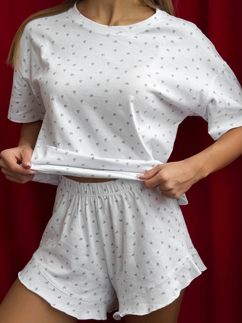 женская пижама,пижама женская с шортами,пижама женская с шортами и футболкой домашний костюм jewelin цвет белый,пижама с шортами,муслиновая пижама с шортами