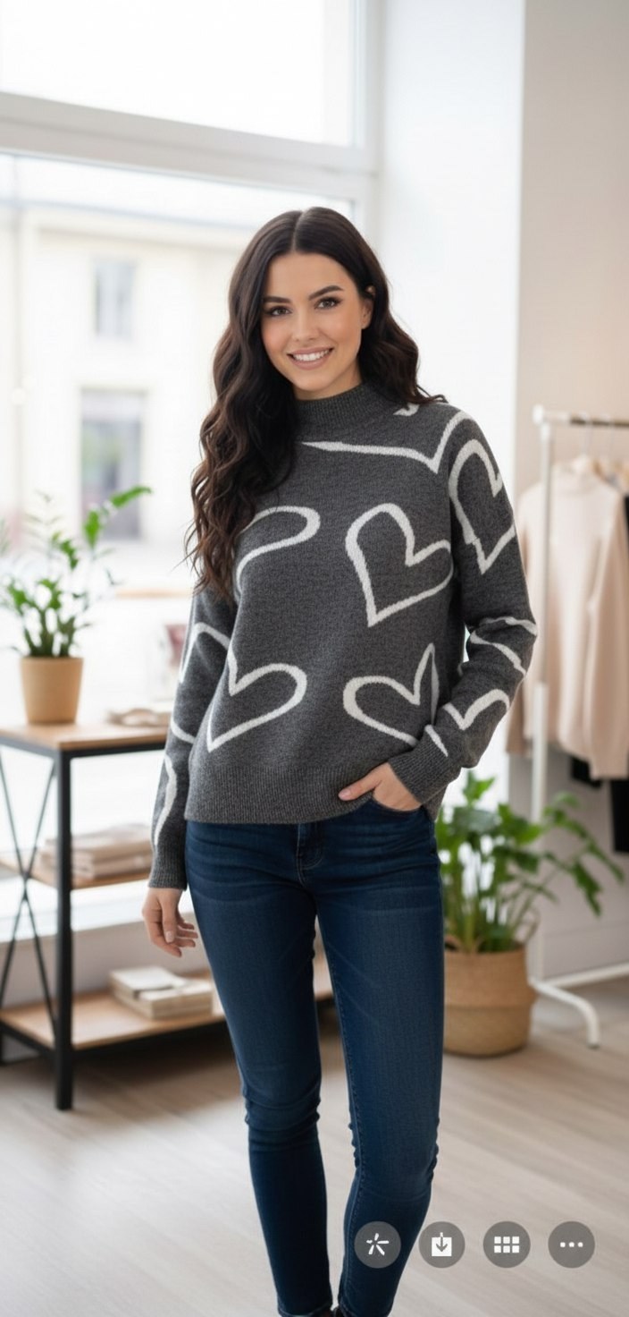 женский свитер,стильный джемпер,свитер с сердечками,джемпер с узорами,свитер