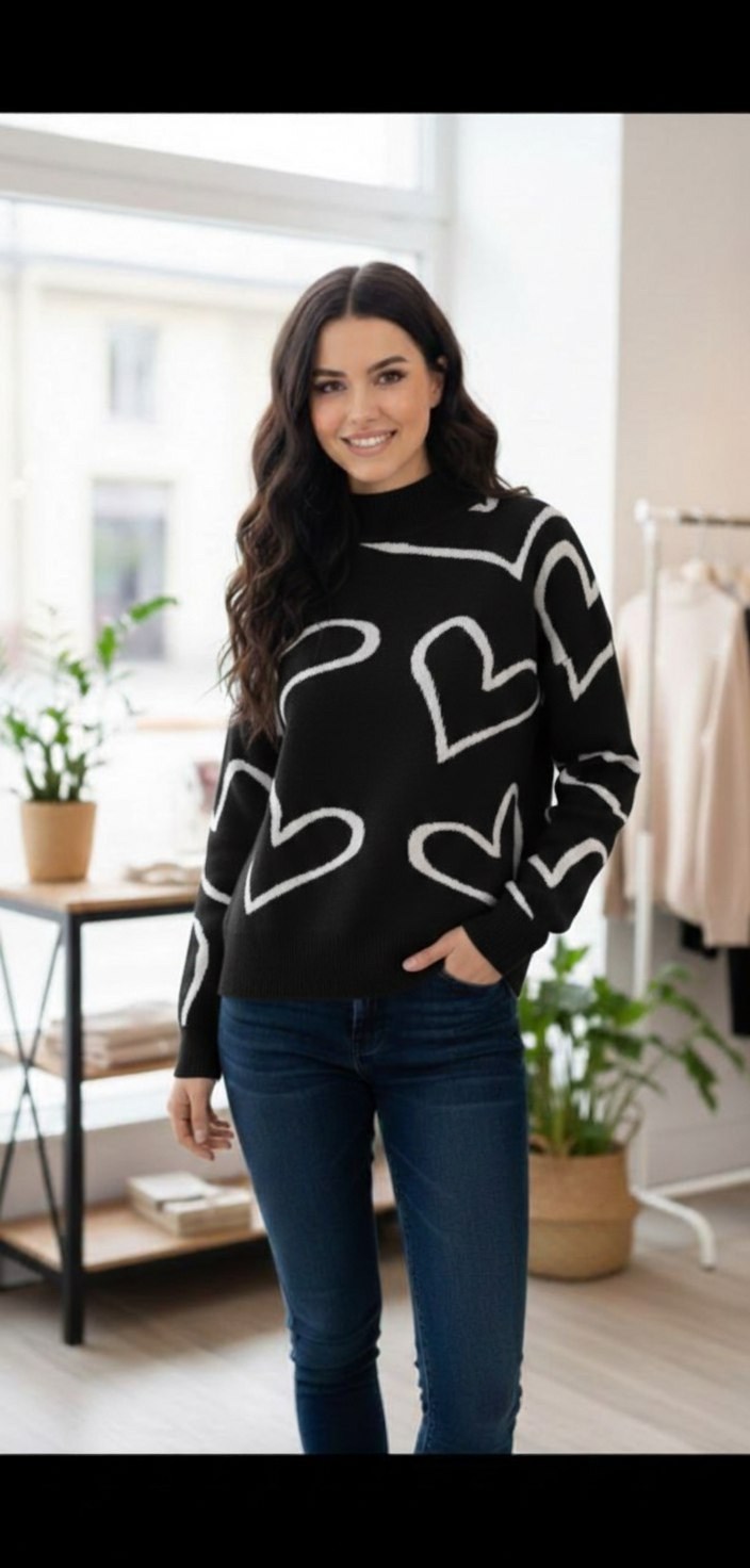 женский свитер,стильный джемпер,свитер с сердечками,джемпер с узорами,свитер