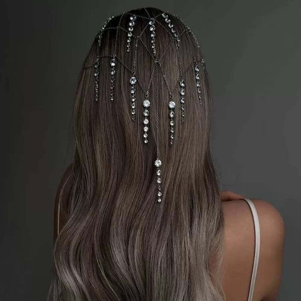 лула для волос стразами,ободок свадебный украшение на голову фата из цепочек тика цвет серебристый туман,фата из цепочек,ободок свадебный украшение на голову фата из цепочек,ободок для волос женский с