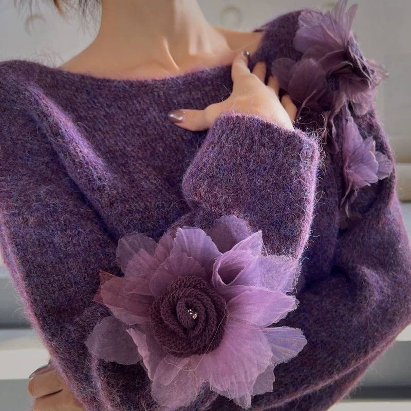 свитер паутинка "лаванда" из кид мохера на шёлке,джемпер паутинка из мохера с цветком розово-сиреневая,джемпер паутинка с воланами из кид мохера на шелке,джемпер паутинка из кид мохера в розово-сирене