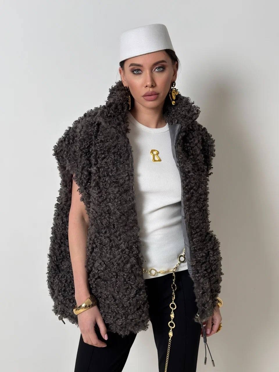 меховая жилет,женский меховой жилет,укороченная шуба из искусственной овчины savage,демисезонная одежда,модные одежды