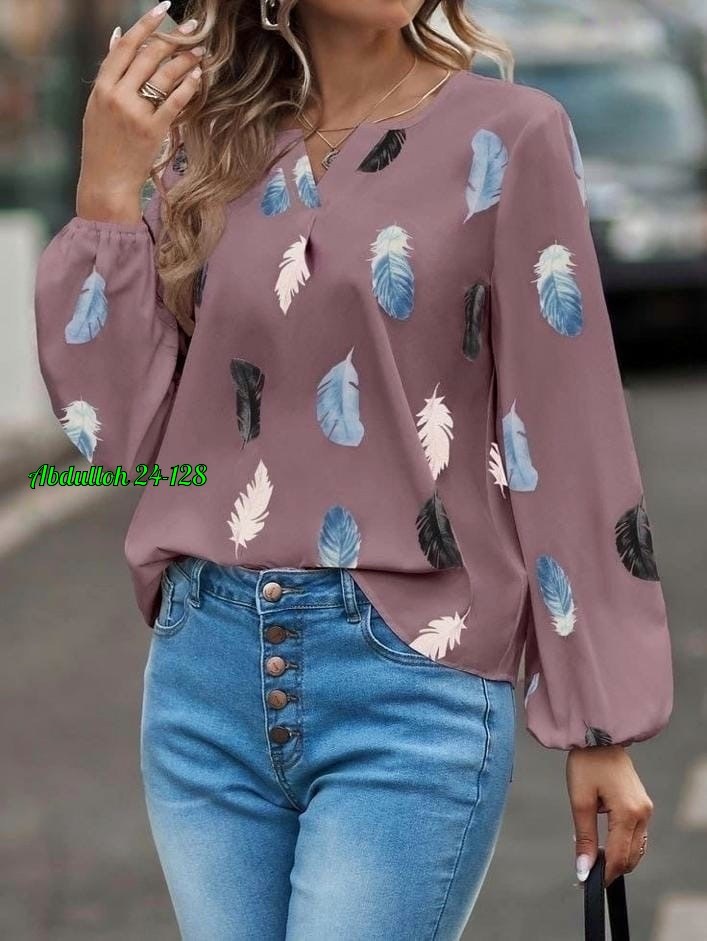 блузка с перьями принт,модные женские блузки,блузка женская стильная,женские рубашки с принтом,женская шифоновая блузка с длинными рукавами