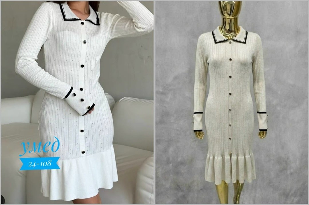 трикотажное платье,женское вязаное платье с отложным воротником и пуговицами,платье женское белое,женское трикотажное контрастное платье с оборками,платье вязаное лапша