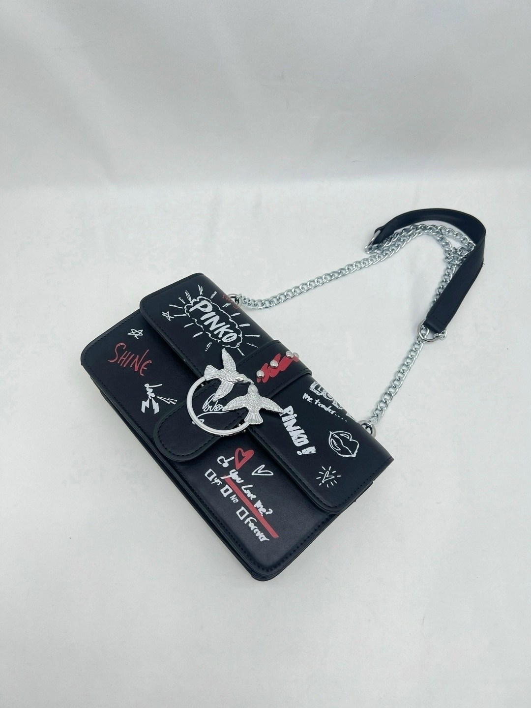 сумка pinko love graffiti клатч с птицами,женская сумка pinko,сумка pinko,сумка новая черная pinko graffiti большая,сумка pinko черная через плечо