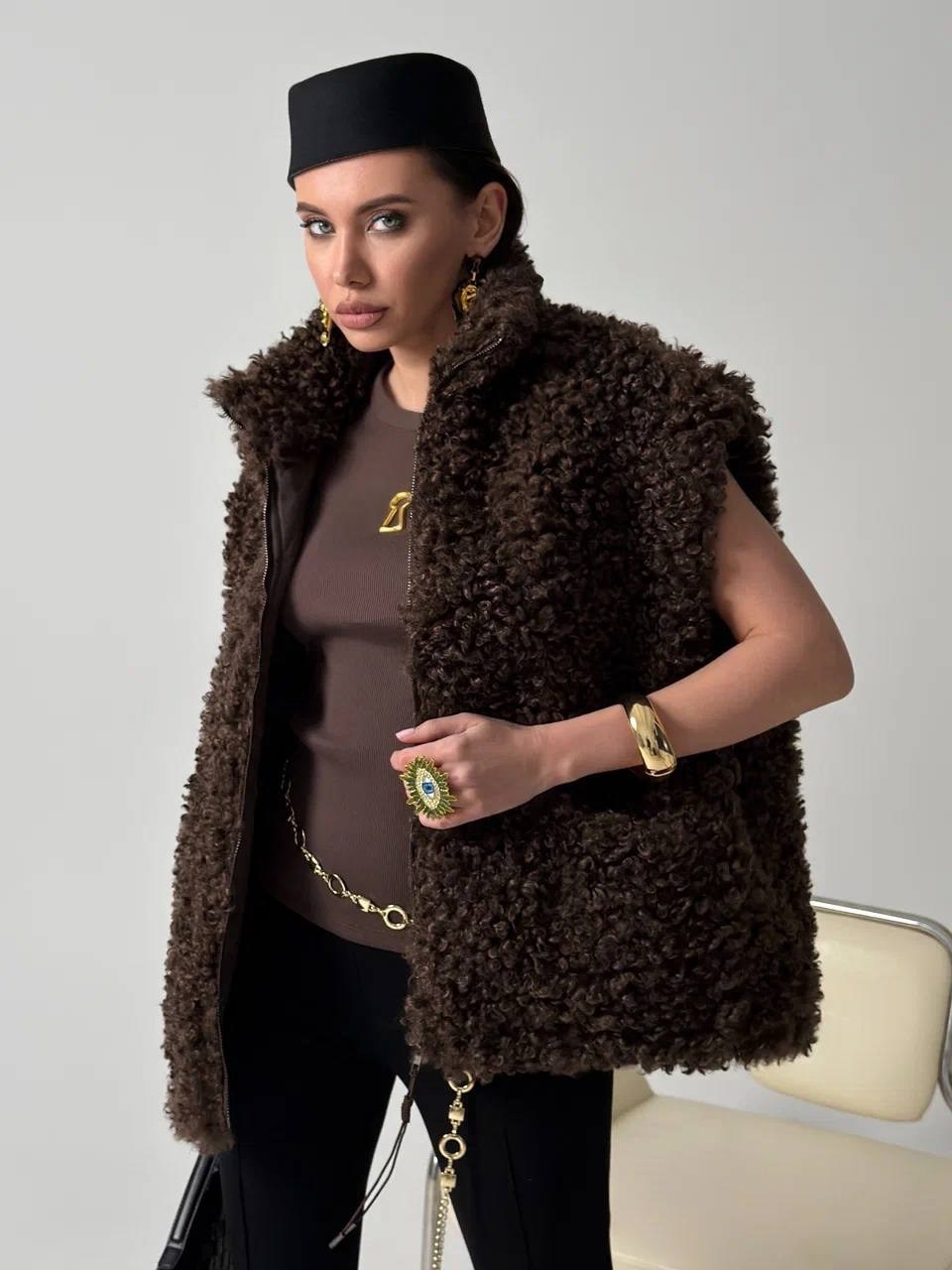 меховая жилет,женский меховой жилет,укороченная шуба из искусственной овчины savage,демисезонная одежда,модные одежды