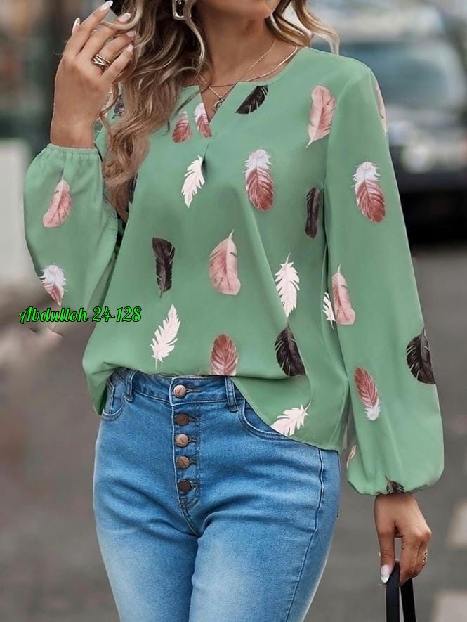 блузка с перьями принт,модные женские блузки,блузка женская стильная,женские рубашки с принтом,женская шифоновая блузка с длинными рукавами