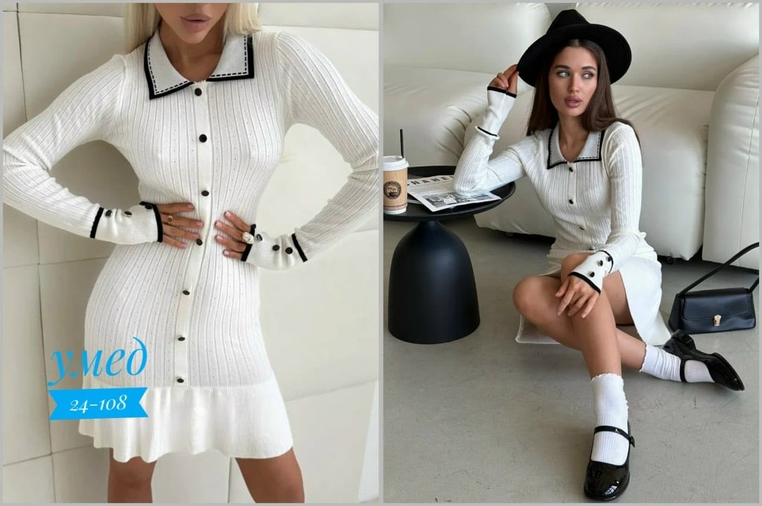 трикотажное платье,женское вязаное платье с отложным воротником и пуговицами,платье женское белое,женское трикотажное контрастное платье с оборками,платье вязаное лапша