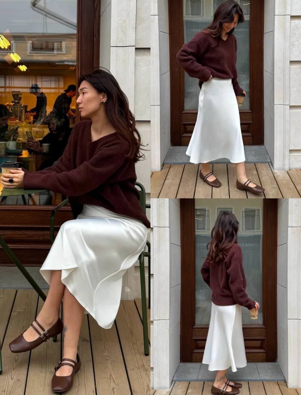 шелковая юбка,атласная юбка,шелковая юбка миди,кофта с юбкой,образы с атласной юбкой