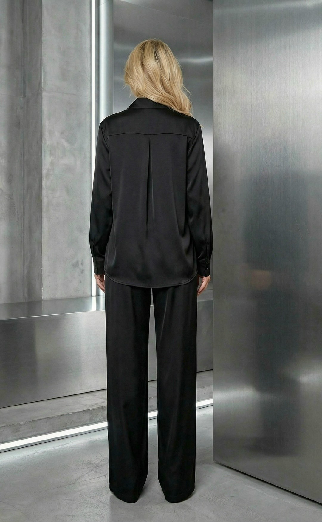 костюм в пижамном стиле шелковый черный,брючный костюм,брючный костюм aura of the day 9242 чёрный двойка,брючный комплект aura of the day 9242,шелковый костюм pines 206744205