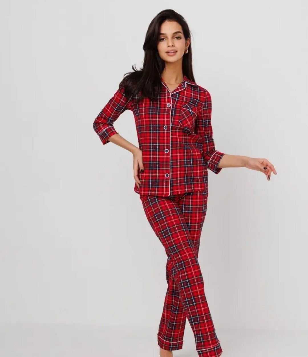 пижама красная в белую клетку,пижама женская home style 1558 красная 52 ru,пижама в клетку женская красная,пижама со штанами и рубашкой хлопок home style,пижама женская красная в белую клетку