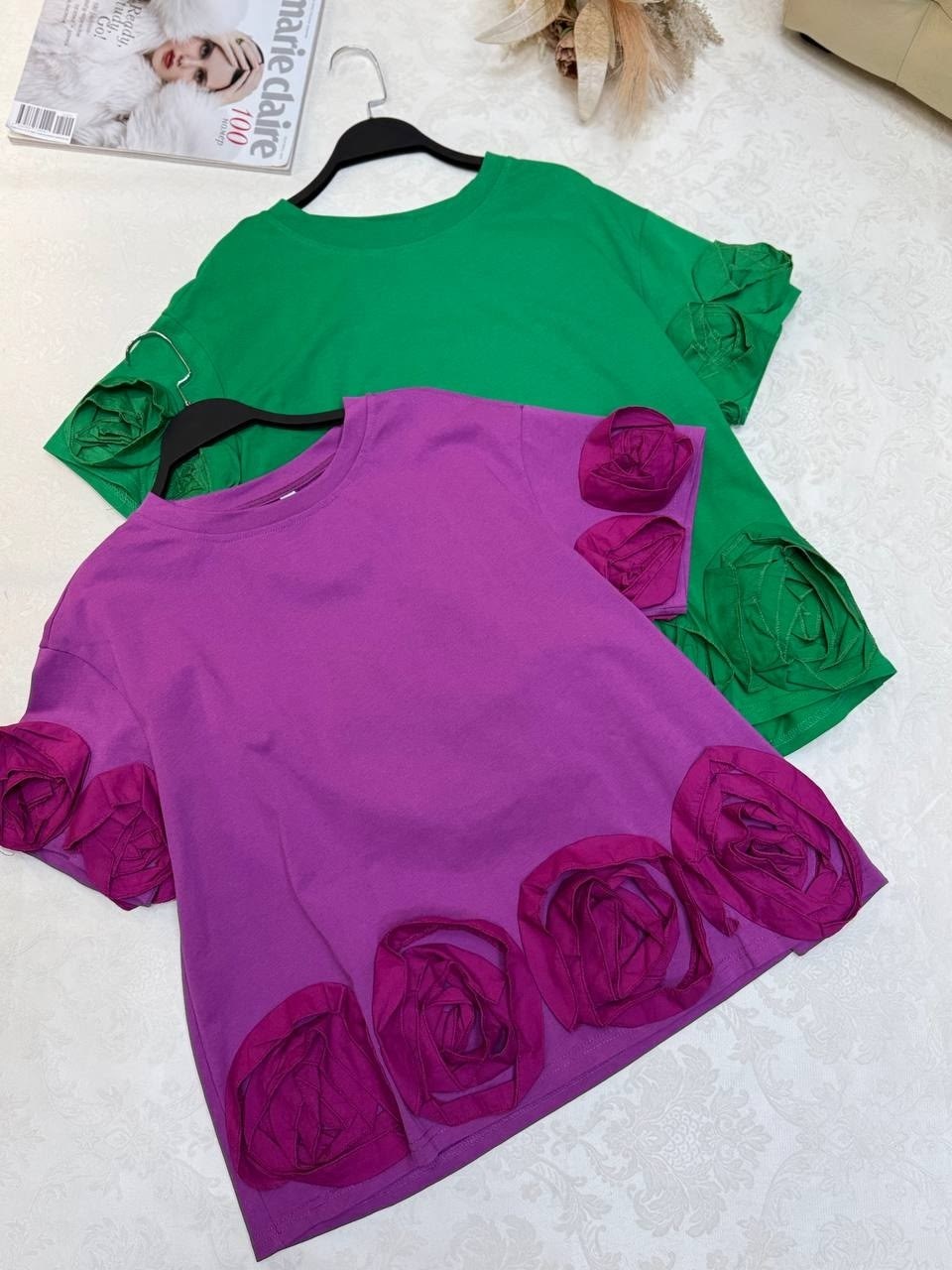 футболки для женщин,футболка с объемными цветами,футболки женская,футболка с цветами,летние футболки