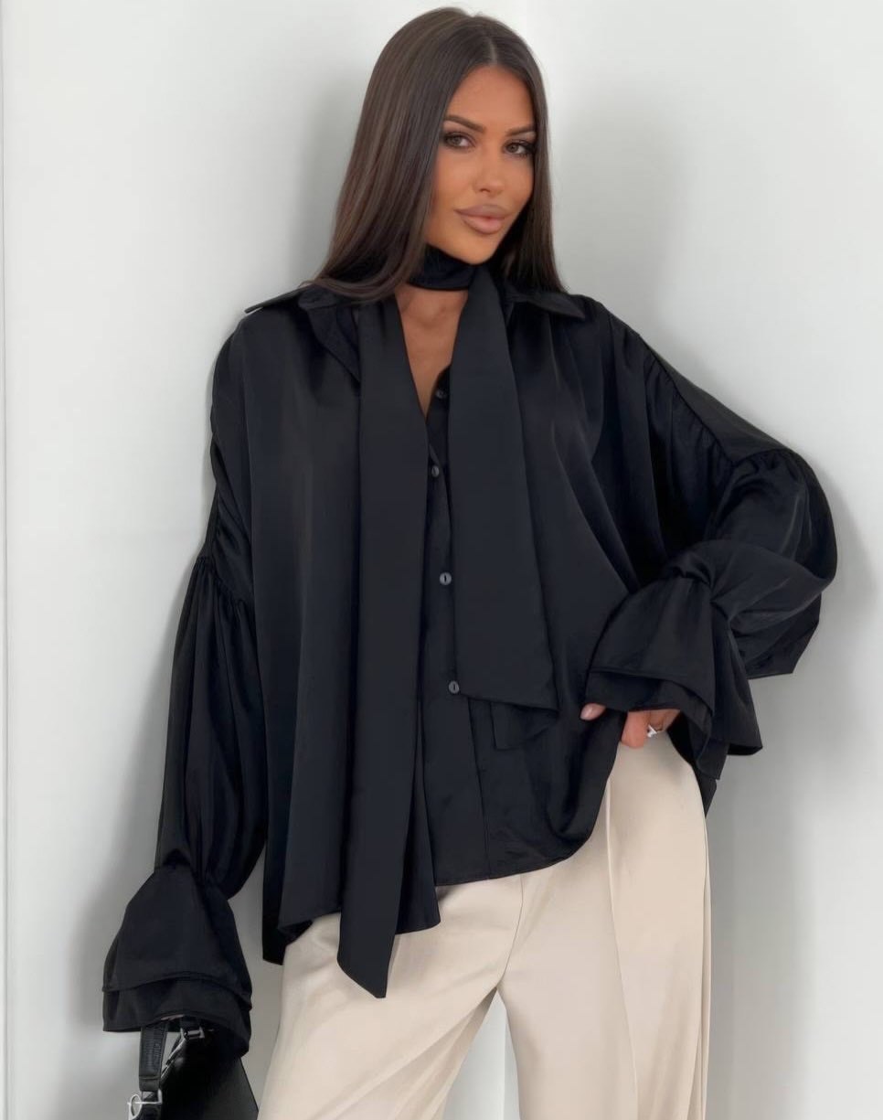 блузка с бантом,блузка женская,блузка нарядная,стильная блузка с длинным рукавом-фонариком и бантом,блузка с рукавом фонарик