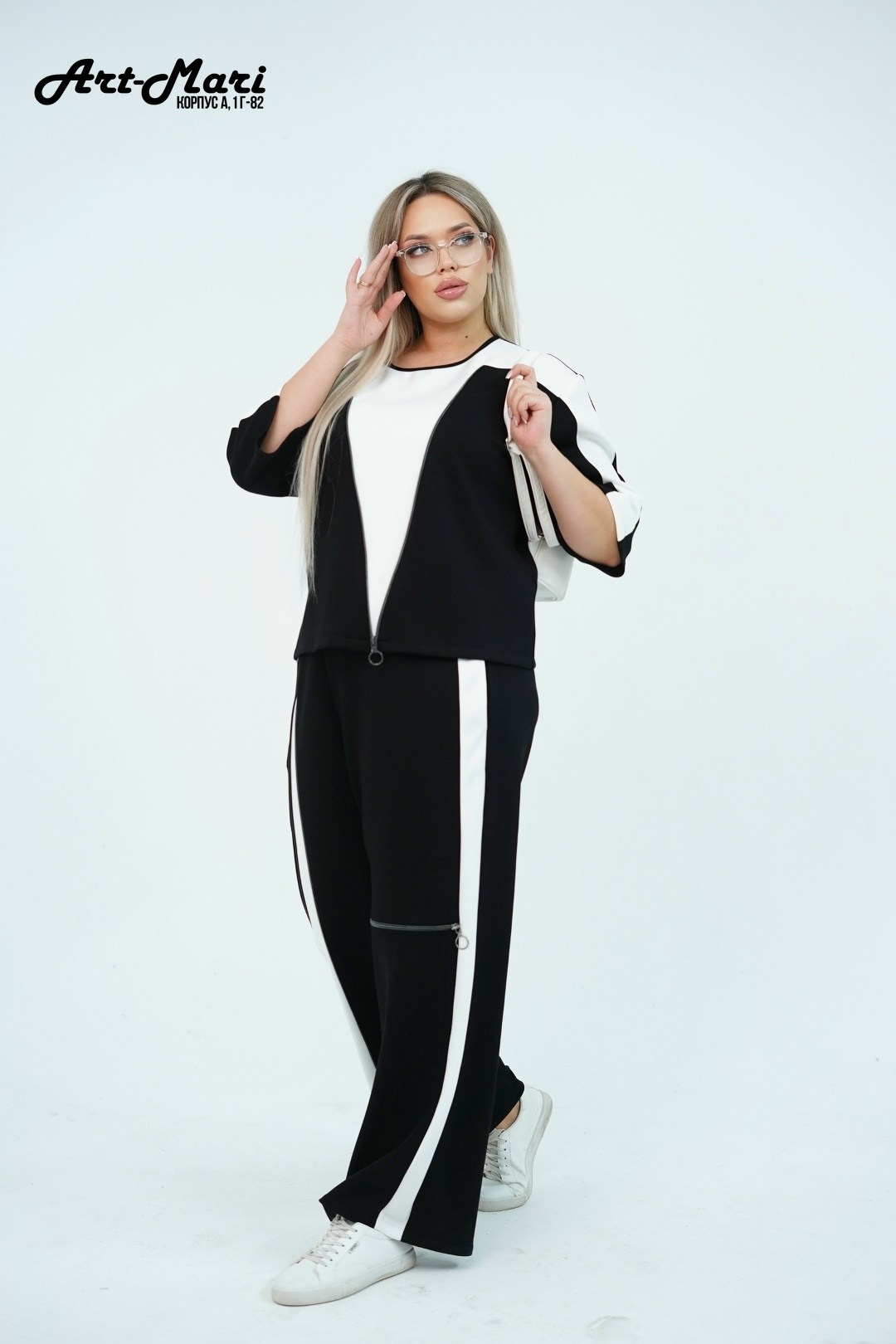 брючный костюм andina 972 черный/белый двойка,костюм женский брючный,черный брючный костюм с туникой и контрастными вставками,брючный костюм andina арт: 972 черный/белый,черный брючный костюм с тунико