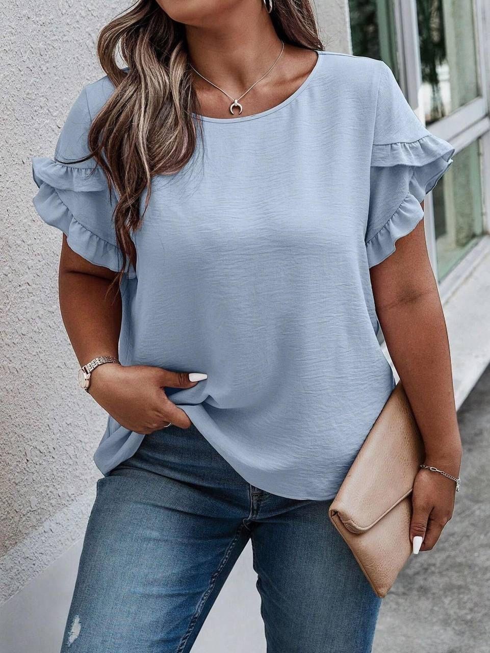 shein clasi размера плюс блуза с оборкой с рукавом "лепесток",shein lune блузка plus solid с отделкой воланами,блузка нарядная с коротким рукавом больших,летняя блузка больших размеров,блузка с оборка