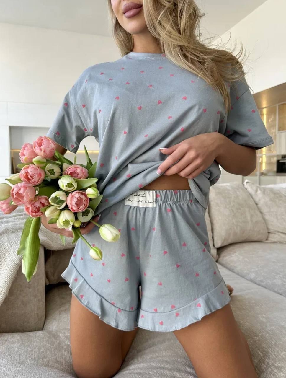 женская пижама с шортами,пижама с сердечками с шортами и топом костюм летний для дома umood 218997300,женская пижама,пижама с шортами домашняя одежда,комплект пижама