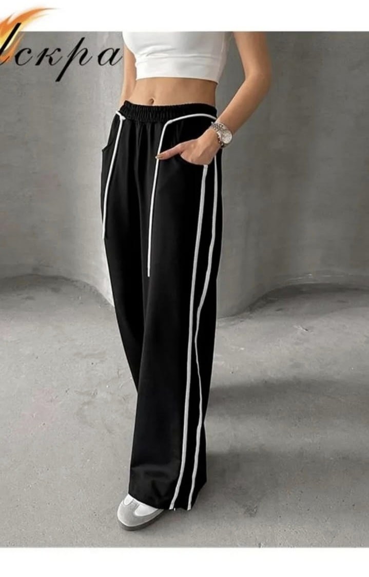 спортивные женские брюки с полосками по бокам,брюки с полоской по бокам женские,спортивные штаны с лампасами,брюки со вставками женские спортивные прямые шикарные свободные с высокой талией,штаны с по