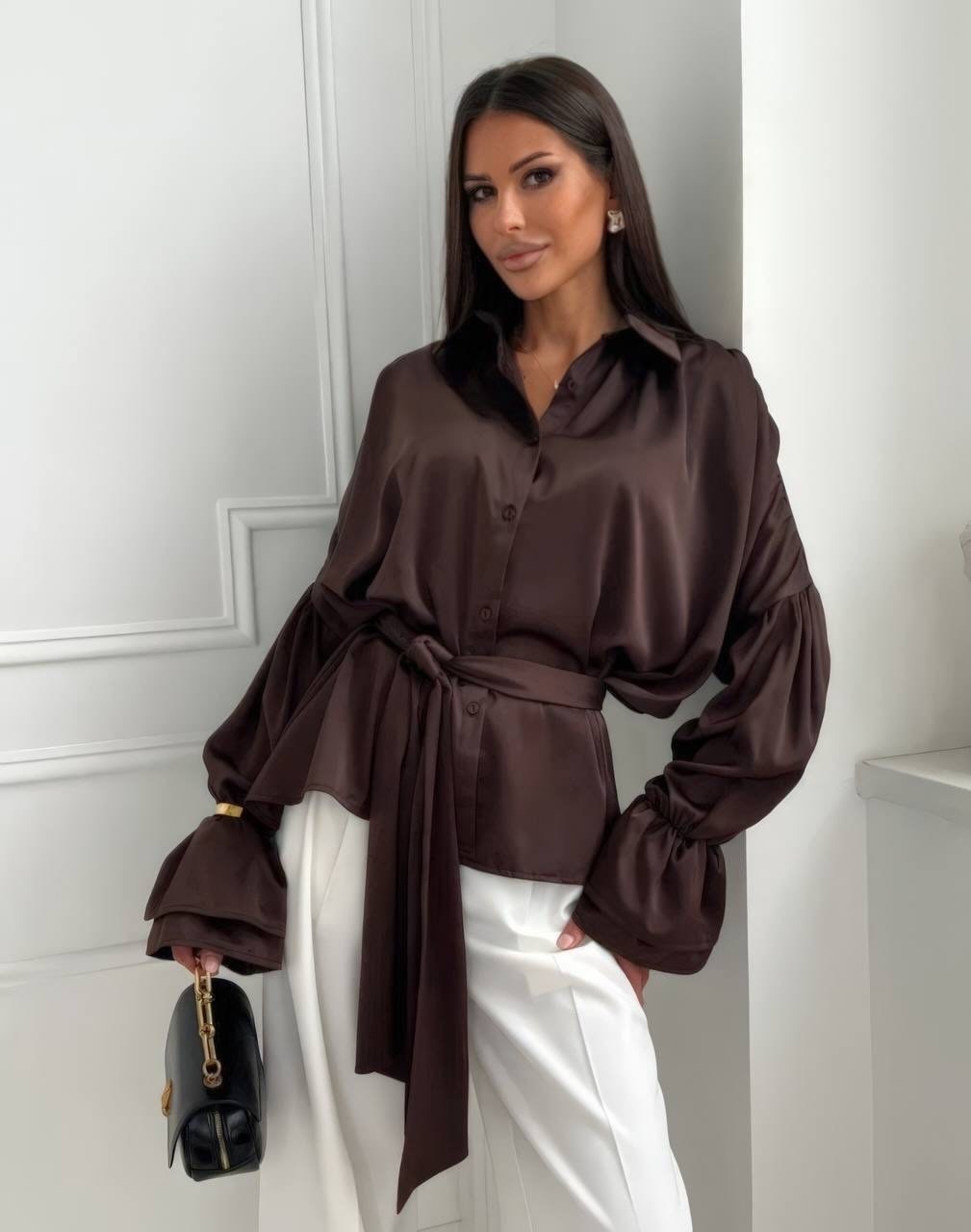 блузка с бантом,блузка женская,блузка нарядная,стильная блузка с длинным рукавом-фонариком и бантом,блузка с рукавом фонарик