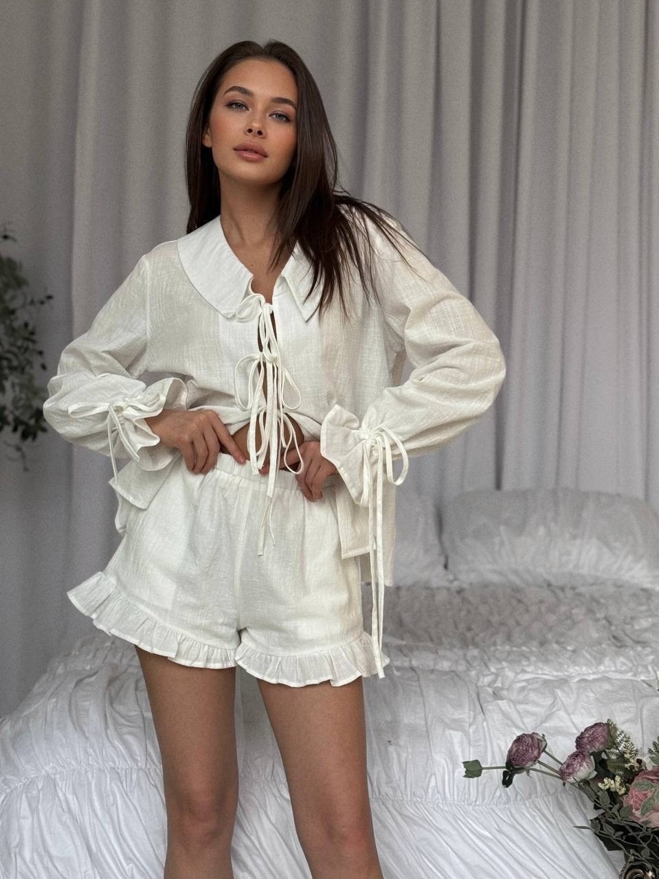 женский костюм,,льняной костюм с шортами,костюм