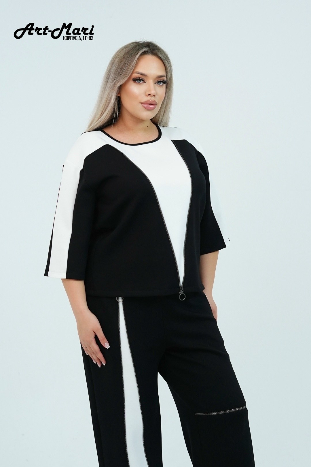 брючный костюм andina 972 черный/белый двойка,костюм женский брючный,черный брючный костюм с туникой и контрастными вставками,брючный костюм andina арт: 972 черный/белый,черный брючный костюм с тунико