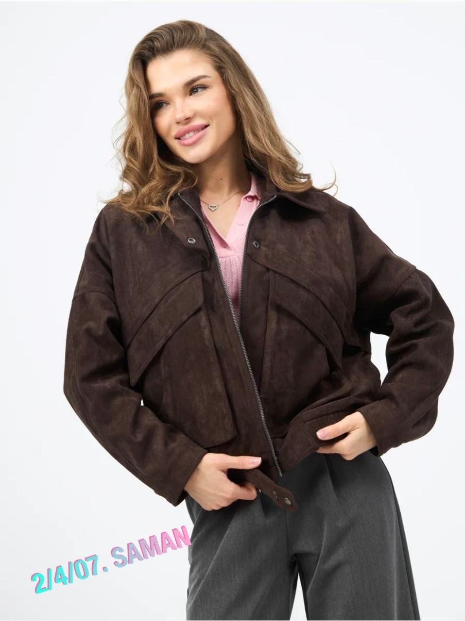 женская куртка бомбер из эко замши коричневого цвета,куртка замшевая,бомбер укороченный оверсайз замшевый куртка рабочего тренд saint shine,куртка замшевая женская,куртка замш