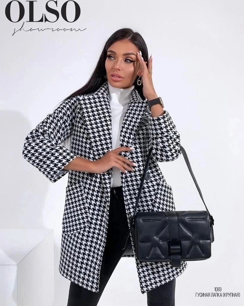 полупальто женское,женское пальто,пальто pirs 1689 бело-серая гусиная лапка,пальто демисезонная,пальто трикотажное