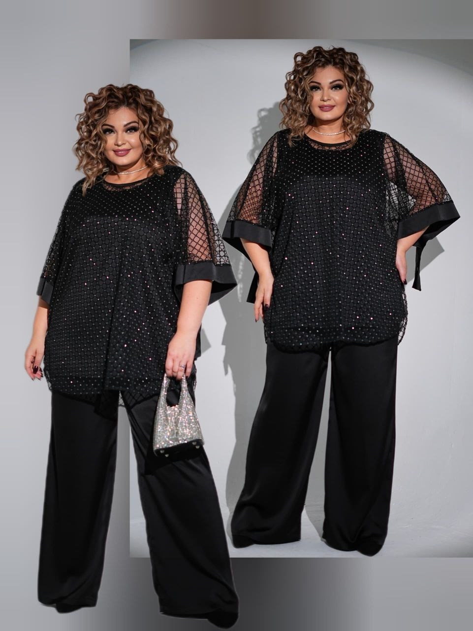 блуза anelli 1329 черный/мелкая сетка,брючный костюм,костюм женский,нарядный брючный костюм,брючный комплект